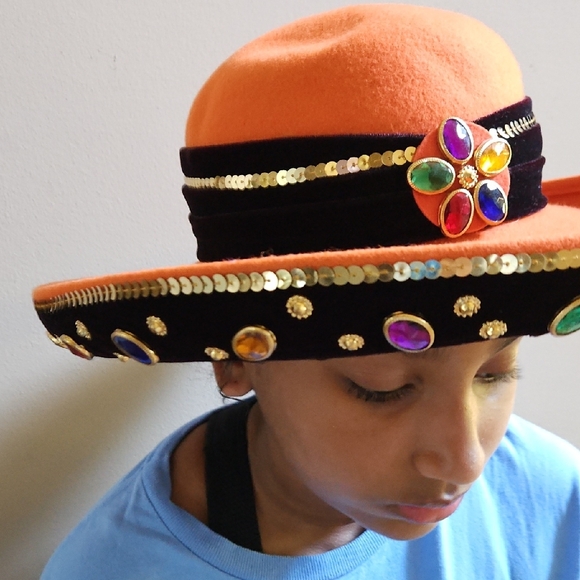 Vintage  Deborah New York  Hat  100% Wool  Sequins Rhinestones Orange Black USA - Picture 1 of 17